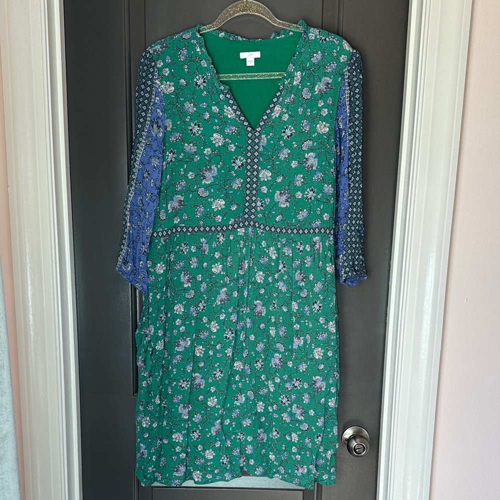 J. Jill Green and Blue Floral Long Sleeve Dress Size M